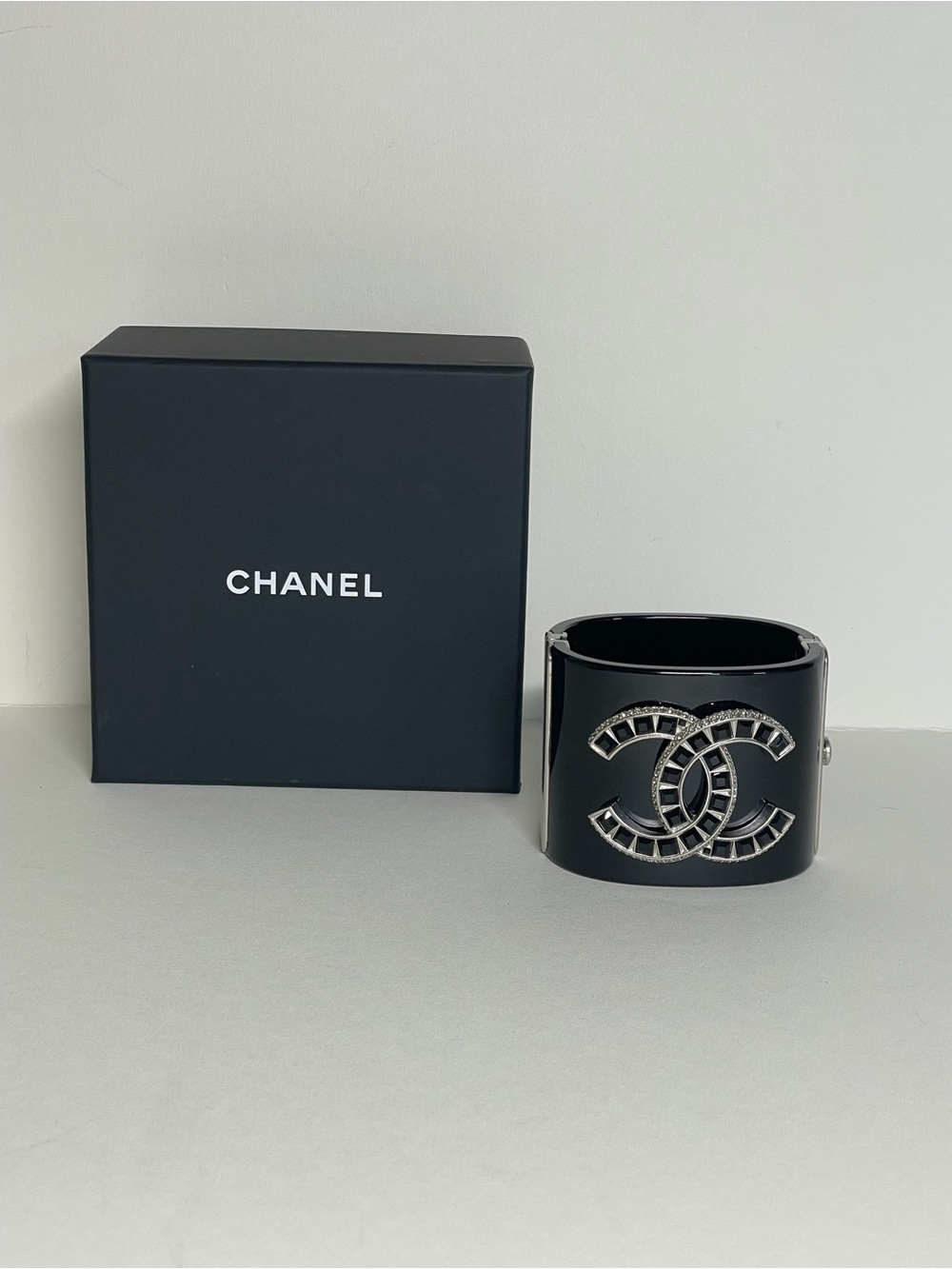 CHANEL Black Resin CC Logo Wide Cuff